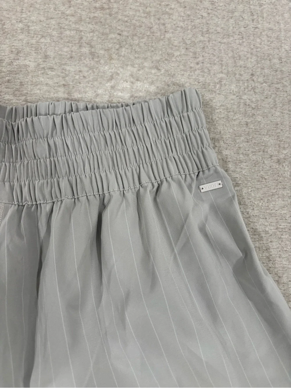 Vuori Light Gray Pinstripe High-Waist Shorts